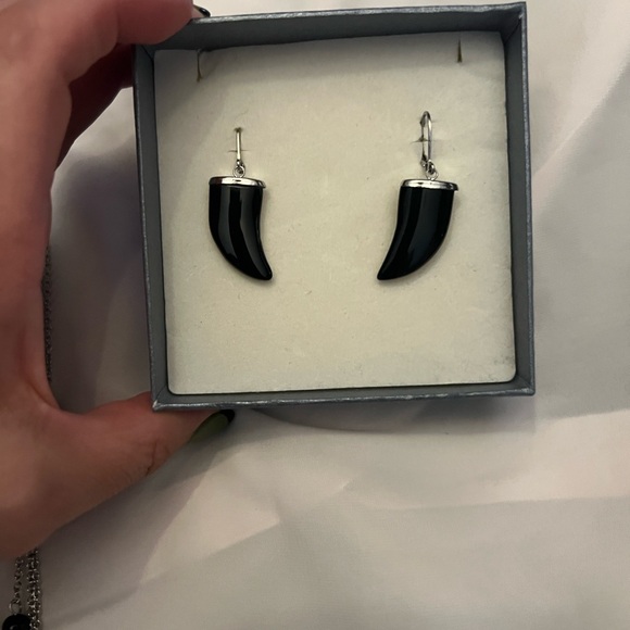 NWOT - Black Tusk Earrings & Stainless Steel Silver Necklace with Huggie & Tusk - Picture 2 of 12
